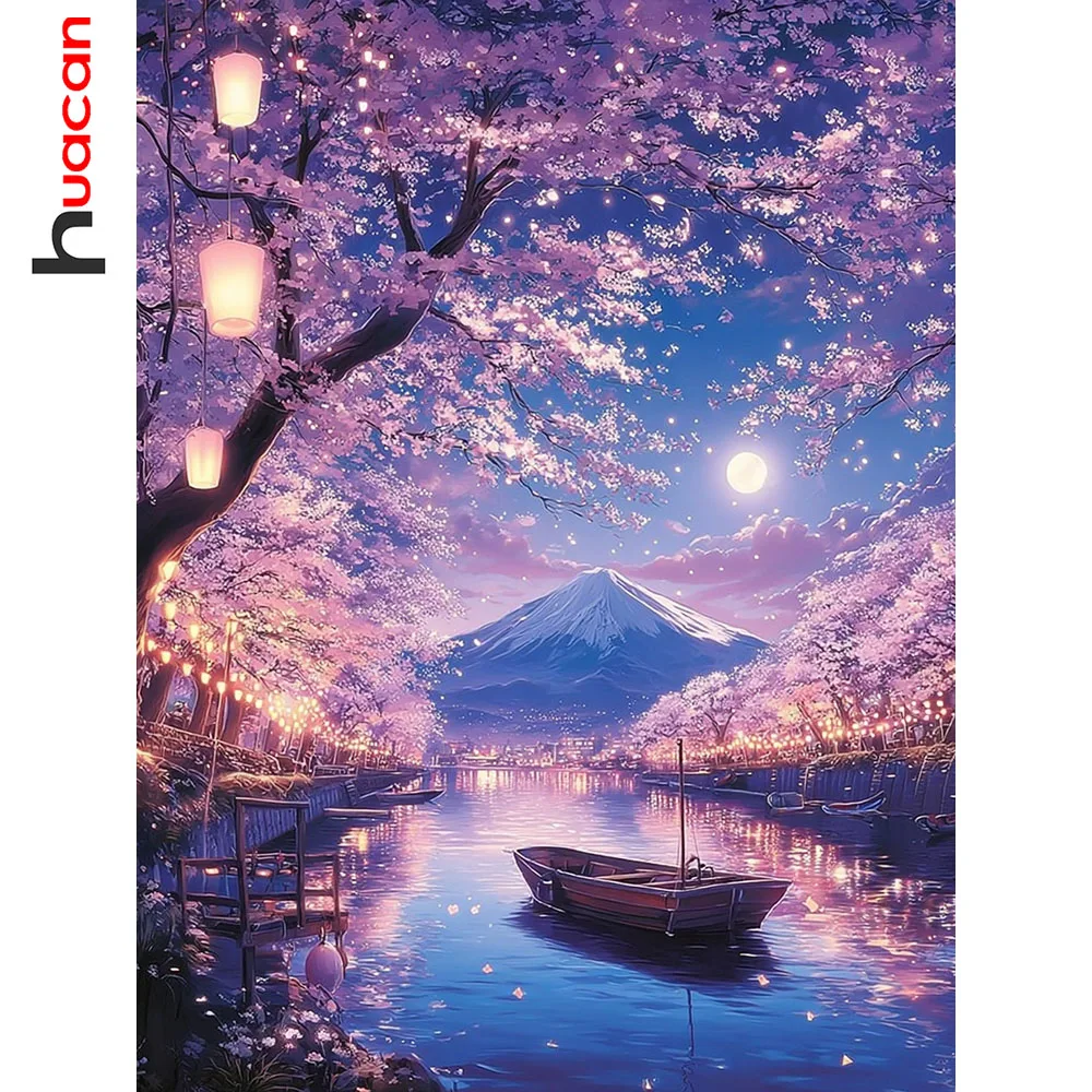 Huacan 5D DIY Diamond Painting Mountain River Boat Diamond Mosaic Landscape Complete Kit Picture Of Rhinestones