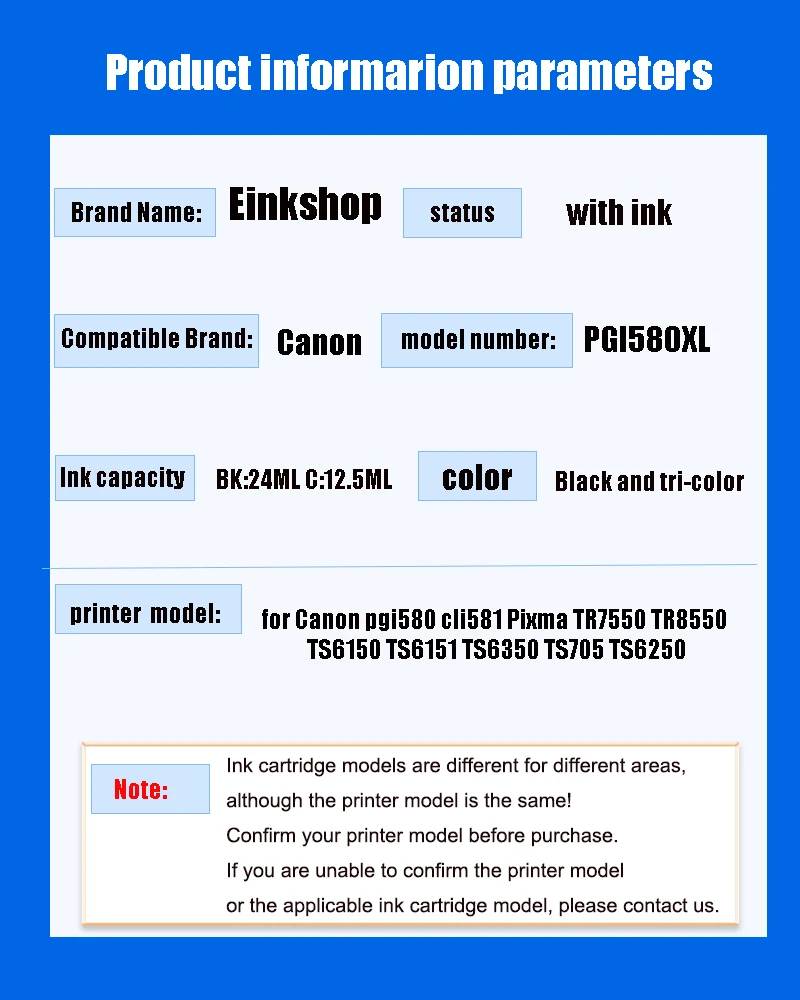 einkshop 580XXL 581XXL Ink Cartridge PGI580 for Canon Pixma TR7550 TS6250 TS8350 TS6350 TR 7550 TS 6250 8350 6350 Printer