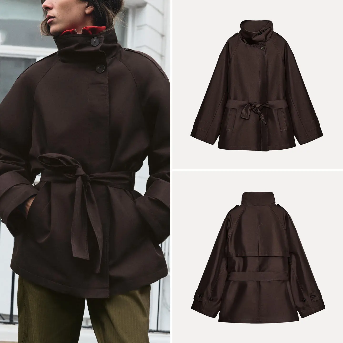 Women's Long Sleeve Stand Collar Windbreaker Coat with Waist Belt Double Breasted Outerwear Standard Fit Autumn New Arrival