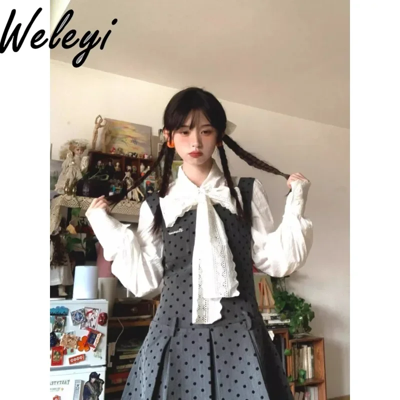 Spring Autumn Girly Cute Outfits for Women Gray Polka Dot Mid-length Strap Dress Women Student French White Shirt Two Peice Sets