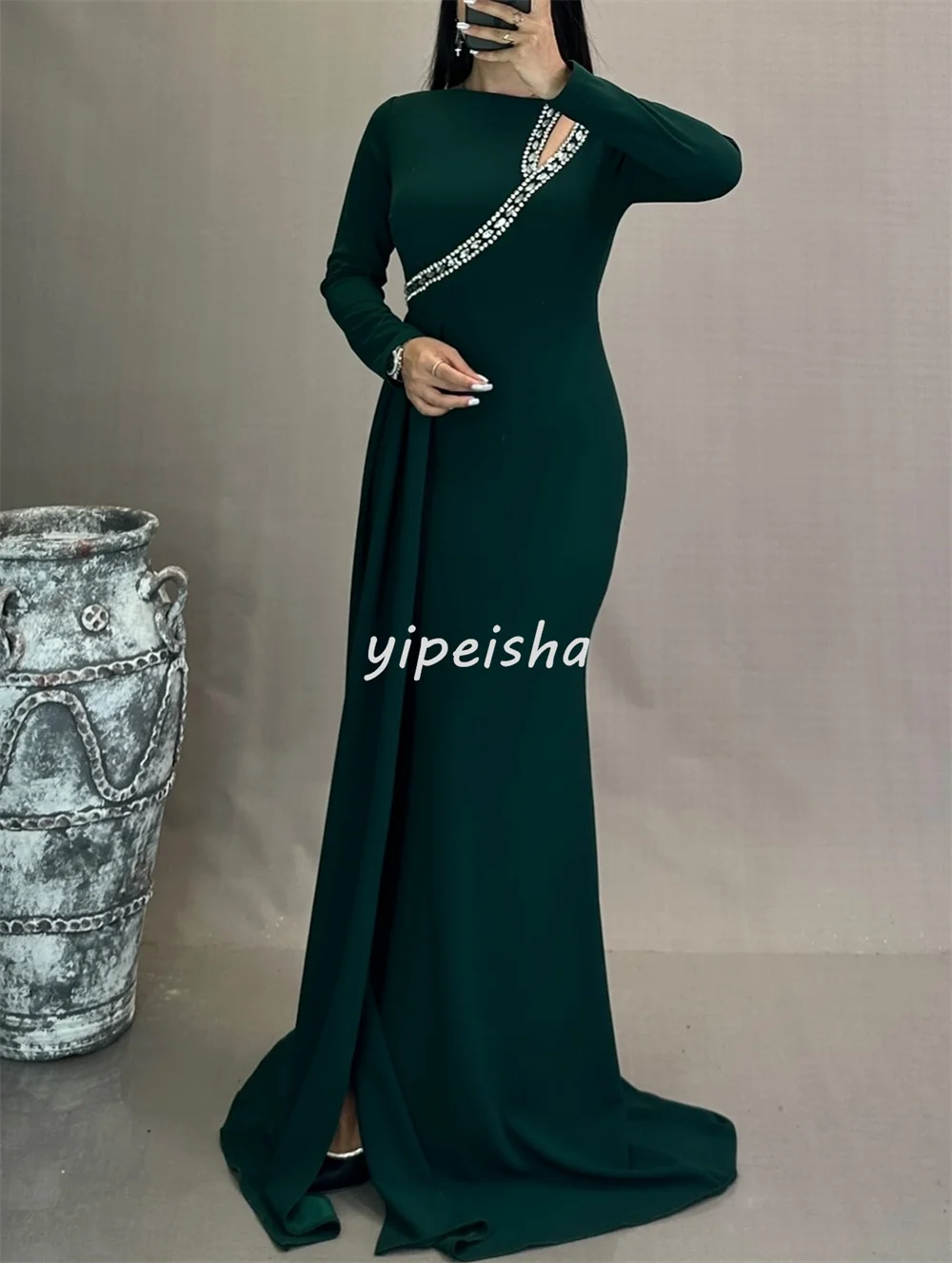Customized High Quality Classic Jersey Rhinestone Pleat Mermaid Scoop Neck Long Dresses Bespoke Occasion Dresses Matching Sexy