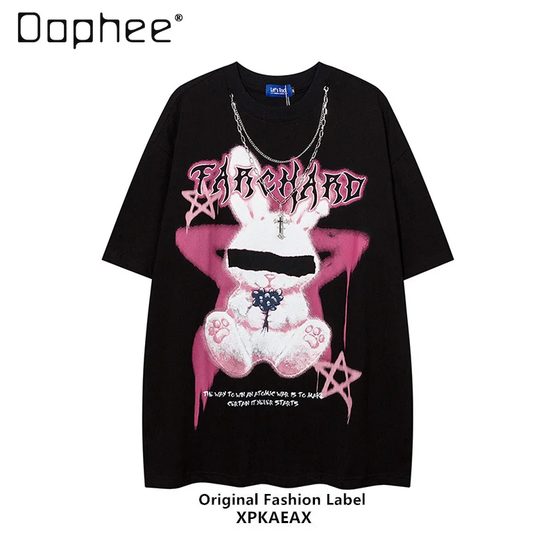 

Черная футболка с круглым вырезом, модная брендовая винтажная свободная футболка в стиле хип-хоп с принтом кролика, женский топ унисекс, универсальная футболка с короткими рукавами