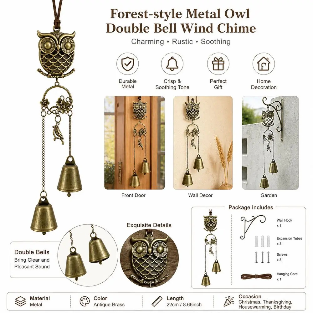 Metal Wind Chime Owl Wind Chime Metal Double Bells Owl Hanging Ornament Butterfly Detail Owl Shape Hanging Ring Door Decoration