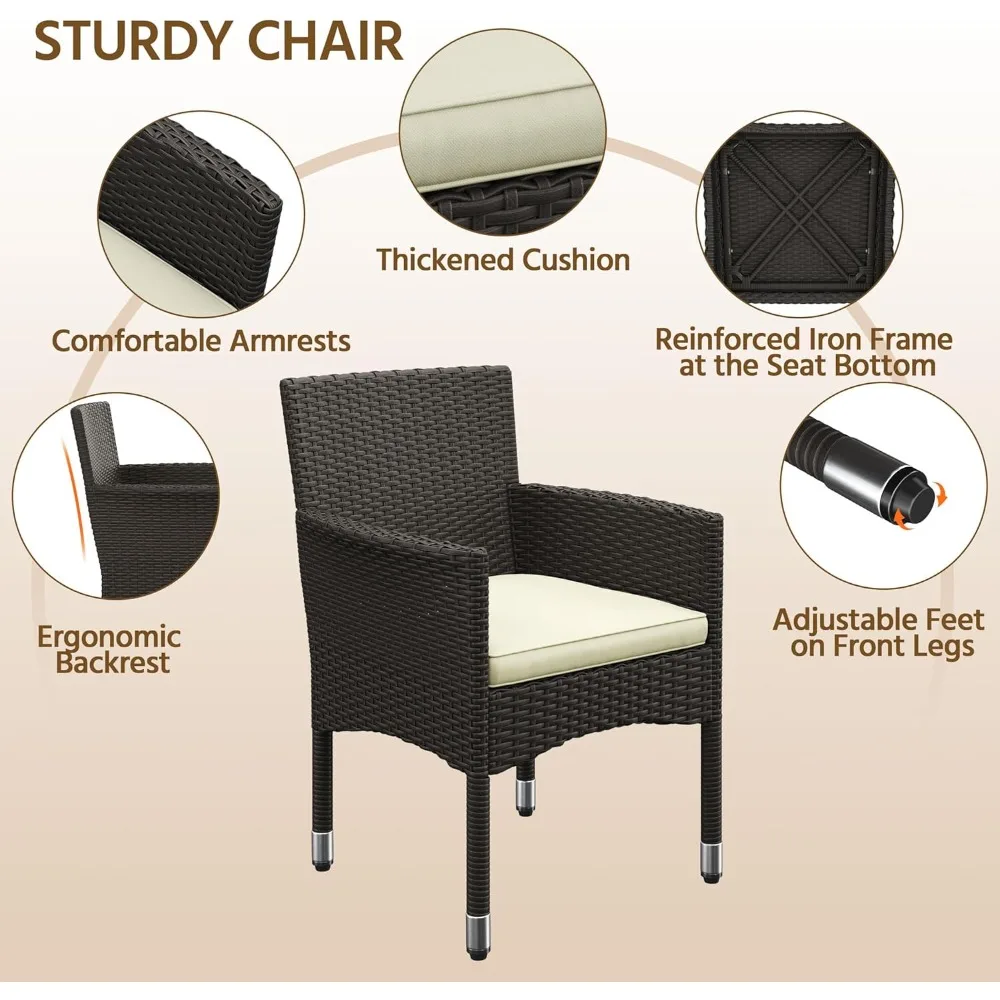 5-Piece Patio Furniture Set, Outdoor Rattan 4 Dining Chairs & Tempered Glass Table with Umbrella Hole, for Garden Backyard Deck