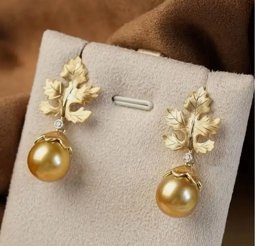 

classic 10-11mm south sea round gold pearl dangle earring 925s