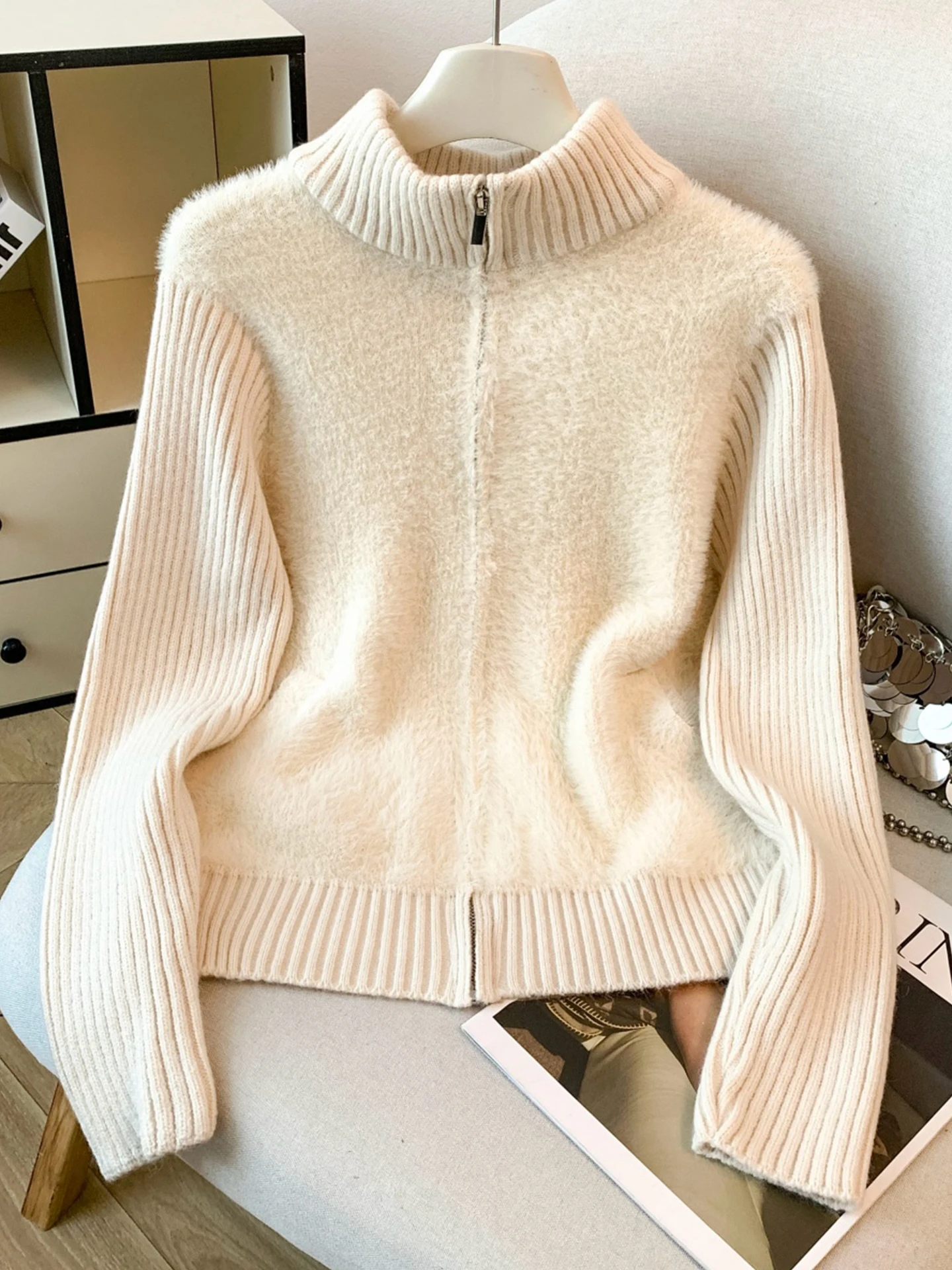 

Emily Clud Premium Long Sve Zipper Knitted Open Cardigan Outerwear High Ne Autumn Winter Women's Woolen Sweater Coat