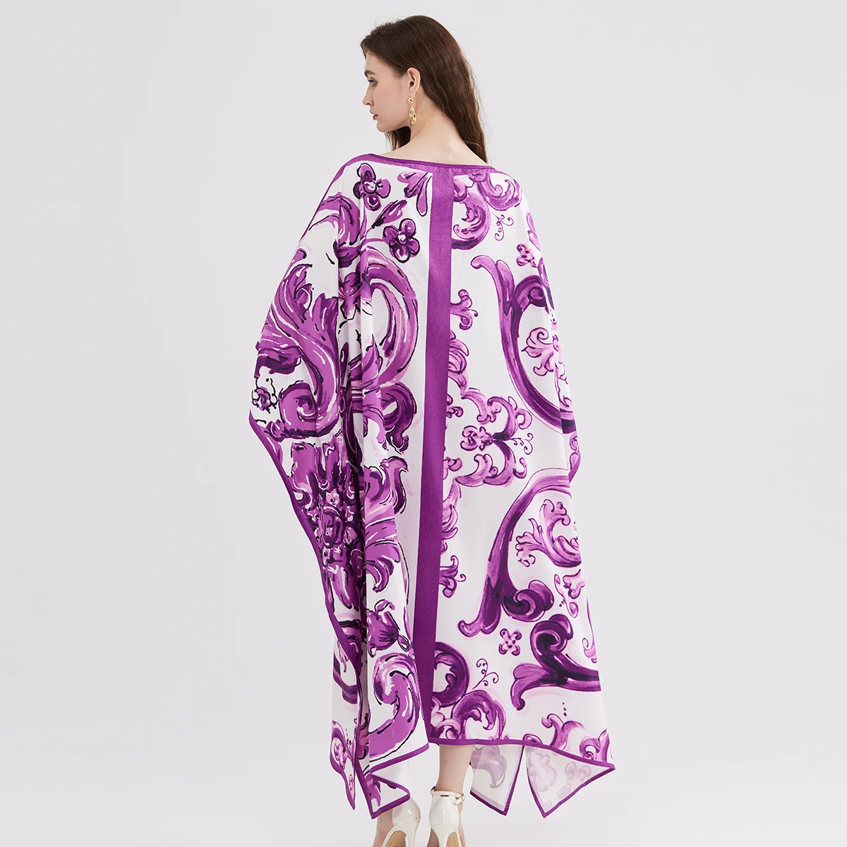 Summer New plus Size Purple Floral Print Dr with Bow Detail Loose A-Line Skirt Commute Sle Polyester Fabric Long Sve