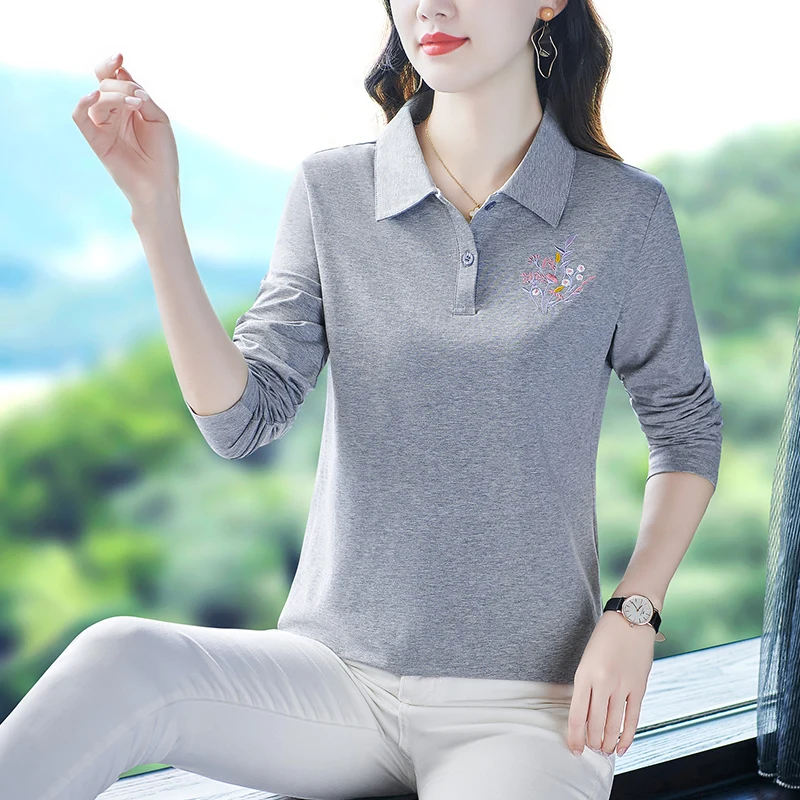 Women's Long Sleeve T-Shirt Embroidered Flowers Solid Color Cotton Polo Shirts Woman Autumn Tee T-shirts Ladies Youthful Clothes