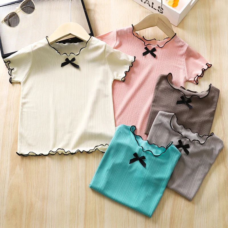 Summer Baby Girls T-shirts Cute Bow Ice Silk Tops for Girls Children's Clothes Soft Breathable Short Sleeve Tees for Kids Outfit