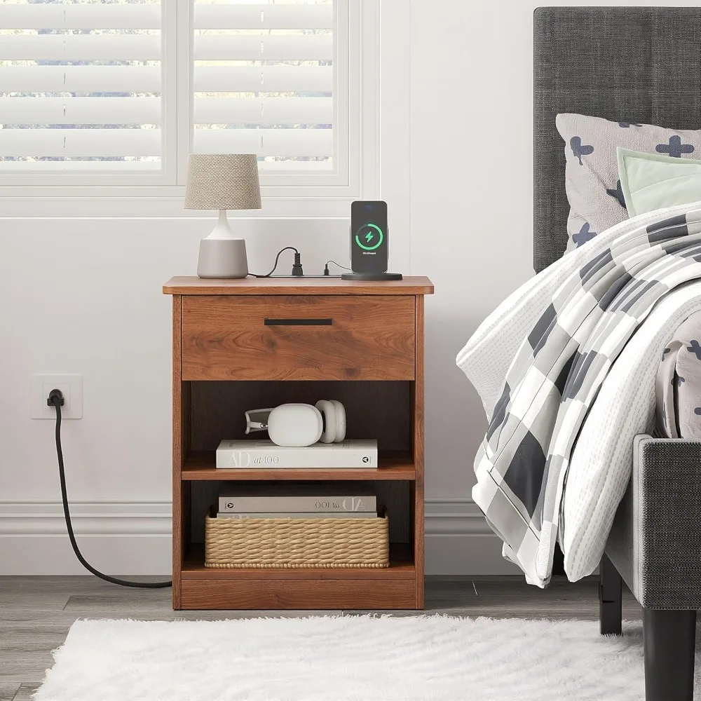 

Everyday Side Table with Fast Charging Station - USB C Cable Fast Charging, Wooden Brown Nightstand Bedside Table with Drawer