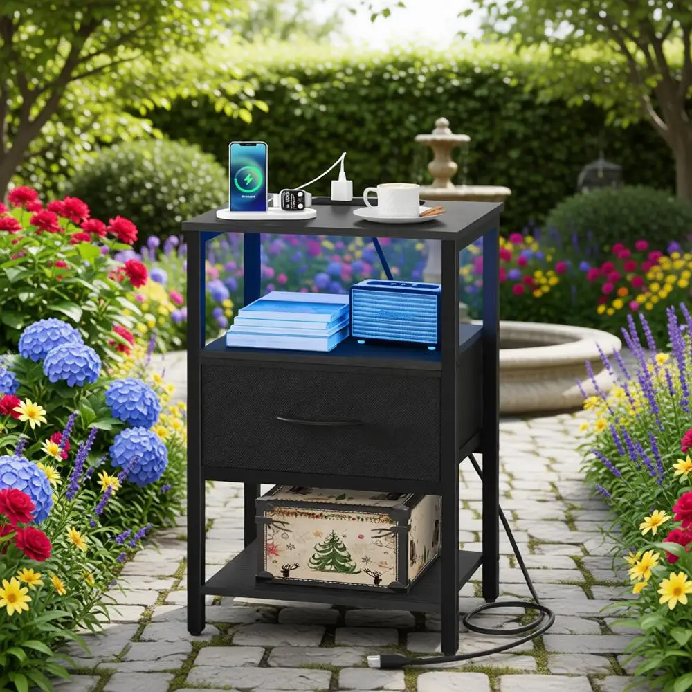 

3-Tier Wooden Bedside Table with LED Nightstand and Storage, Suitable for Living Room or Bedroom