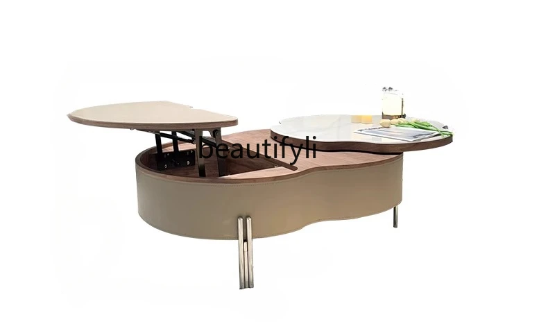 Living Room Lifting Rotating Saddle Leather Coffee Table Microlite Small Apartment Home Creative Designer