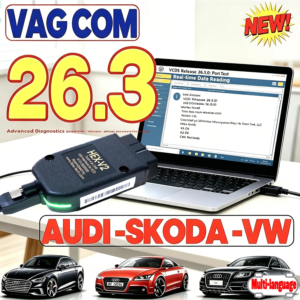 Escáner OBD2 USB VCDS VAGCOM 26.3 HEX CAN 2026 Popular para VW, AUDI, Skoda, Seat VAG, Multilingüe, ATMEGA162, AUTOCOM VAG HEX V2 TOOL