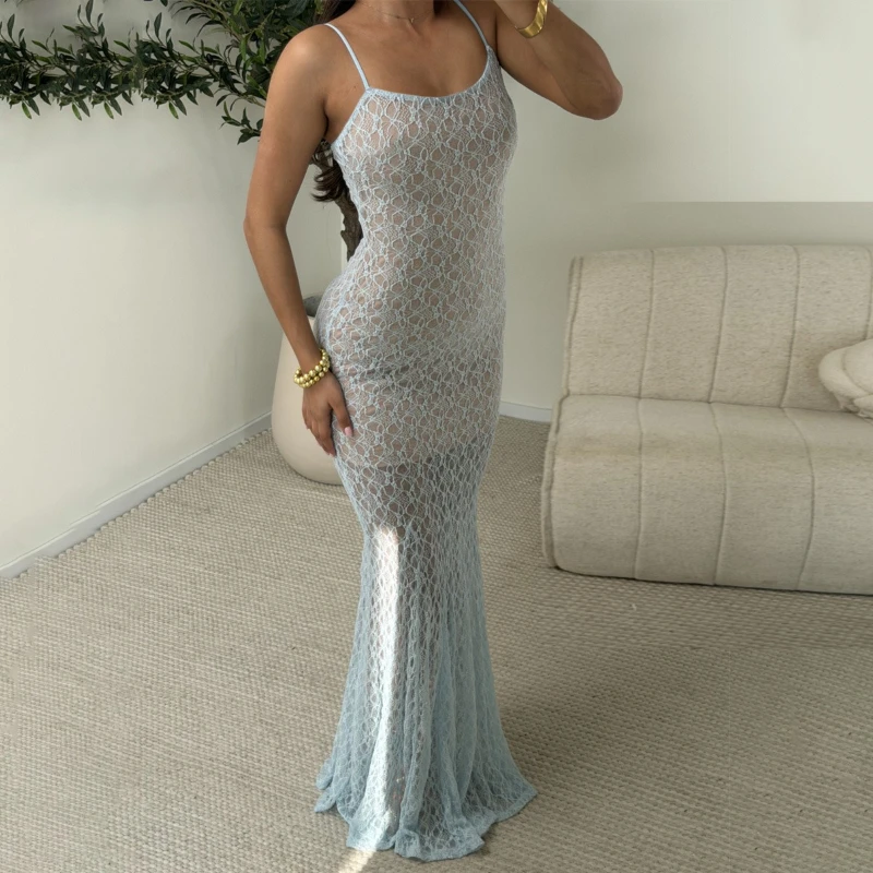 Typhaland Elegant Mesh Lace Dress Women's Openwork Slim Sexy High-Stretch Strappy Fishtail Dress Summer New Vacation Party Dress