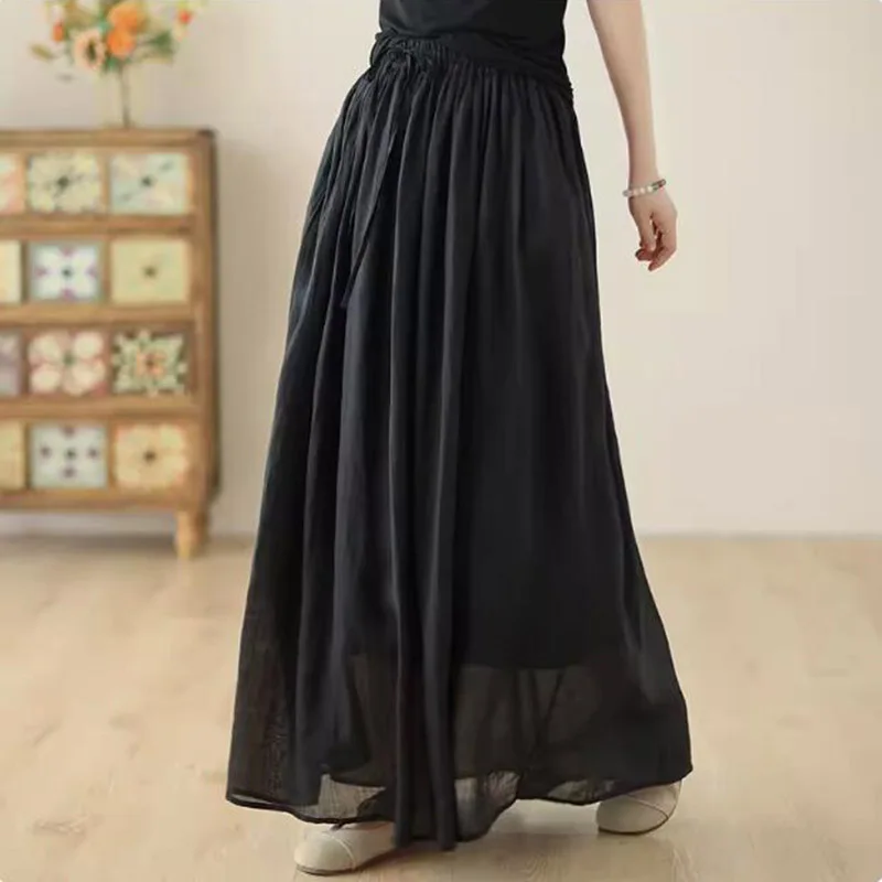 Cotton And Linen Midi Skirt For Women 2024 Autumn High Waist Double Layered Skirt Forest Style A-Line Skirt Mujer Faldas CS010