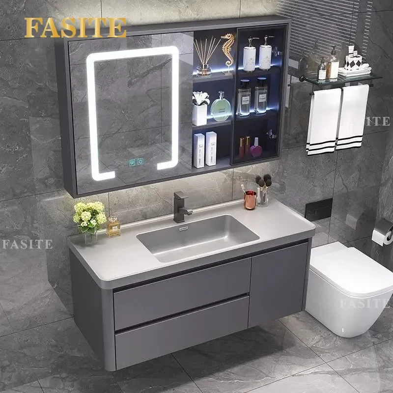 For Modern Bathroom Light Luxury Ceramic Integrated Washbasin Rock Slab Vanity Cabinet Simple Wall Mounted Sink Combo Storage