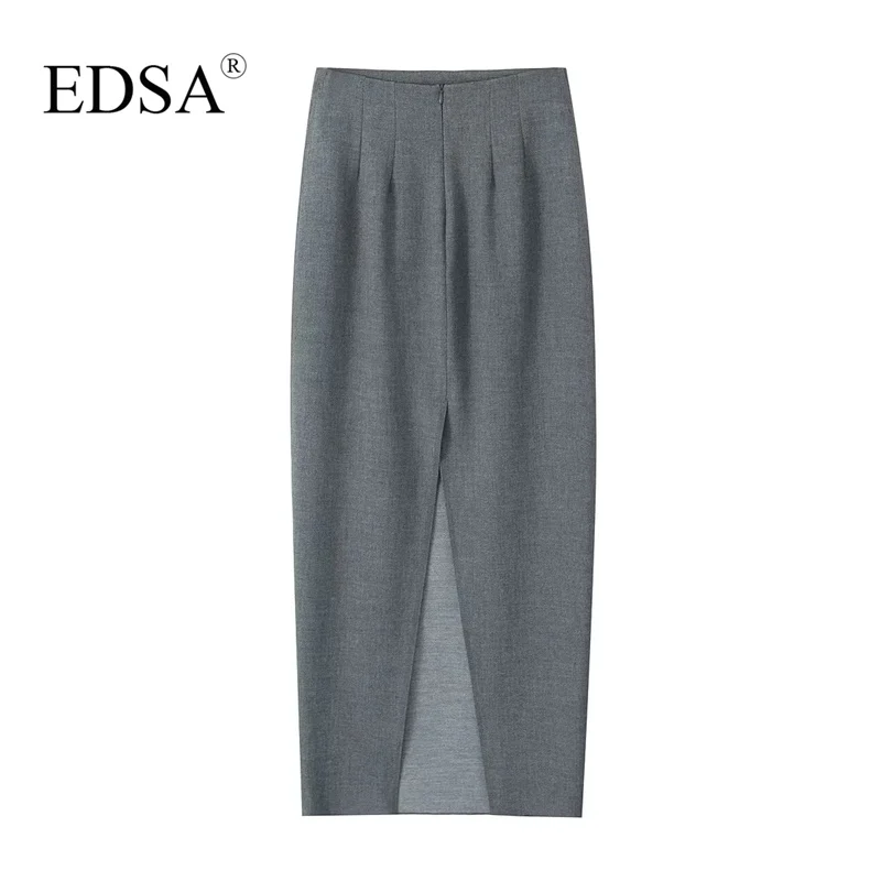 EDSA Women Grey Straight Midi Skirt for Office Lady High Waist New Arrival Casual Female Long Skirts