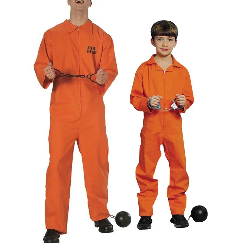 Men's Prisoner Jumpsuit Adult Criminal Jail bird Cosplay Kids Orange Prison Boiler Suit Halloween Costume Boys