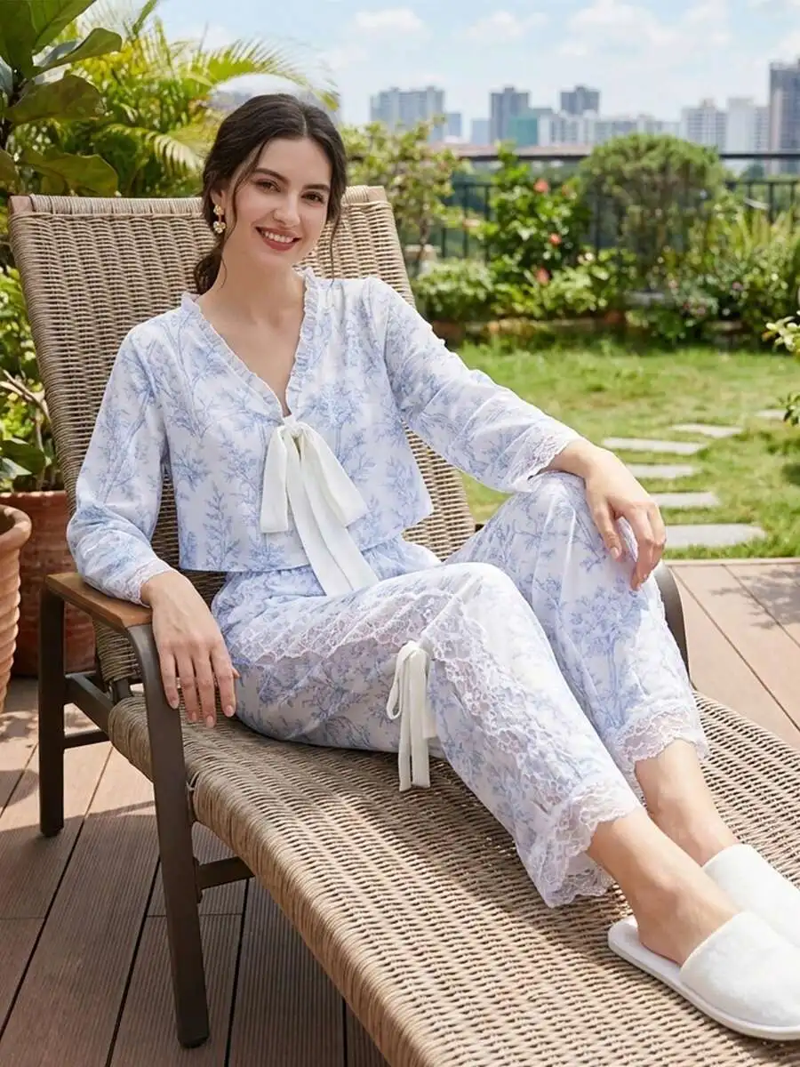 

Womens Two Piece Pajama Set Long Sleeve Bow Front Crop Top And Lace Trim Pants Loungewear