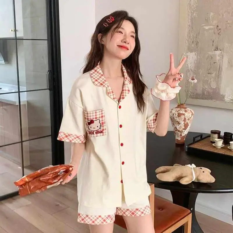 2Pcs Miniso Kawaii Pyjamas Sets Hallo Kitty Eis Seidige Set Mädchen Sommer Kurzarm Nette Spitze Hause Kleidung Außerhalb Tragen geschenk