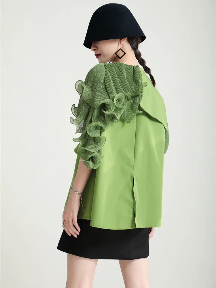 [EAM] Women Green Irregular Ruffles Big Size Blouse New Lapel Short Sleeve Loose Fit Shirt Fashion Spring Summer 2024 1DF4886