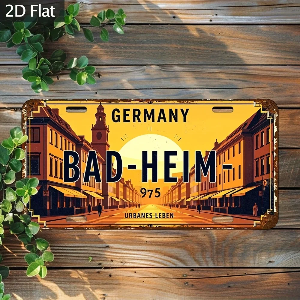 2D Flat, Vintage 2D Flat Metal Wall Art, 1pc - Retro Bad-Hen Street Berlin Sign with Urban Scene, Decoration for Bar, Library