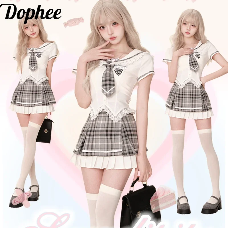 Dophee Preppy Style School Girl Two-piece Set Lace Splicing Short Sleeve Shirt Top + High Waist A-line Plaid Skirt Students Suit