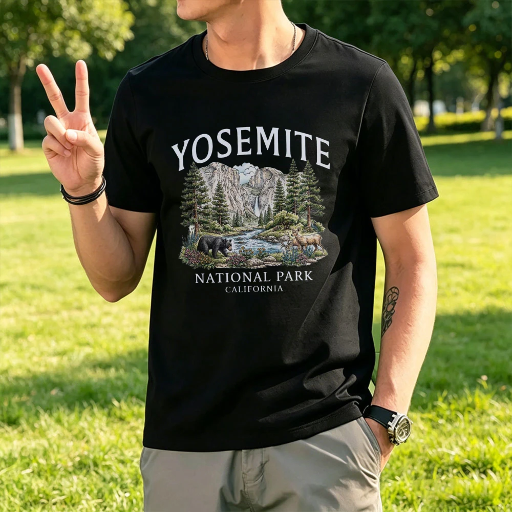 Yosemite National Park Tshirt Bear Deer Waterfall Landscape T-Shirt Unisex Camping Nature Cotton Short Sleeve Travel Tees Tops