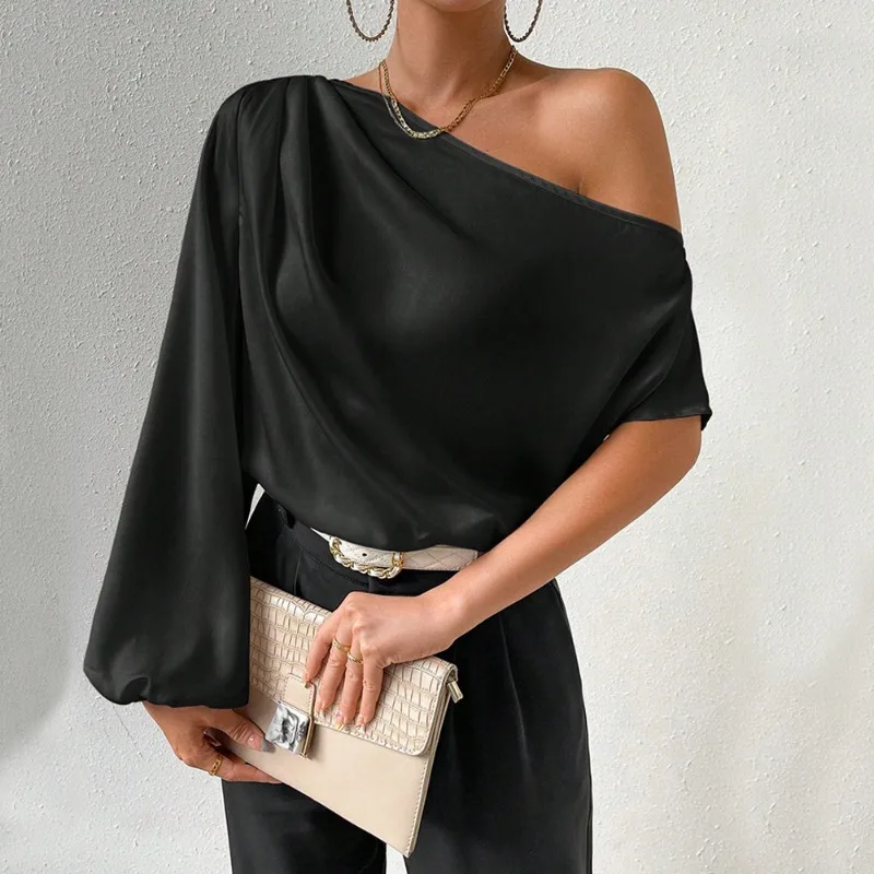 

Women's Fall/Winter 2026 Temperament Slanted Shoulder Long Sleeve Sexy Off-the-Shoulder Loose Loose Slanted Collar Design Top