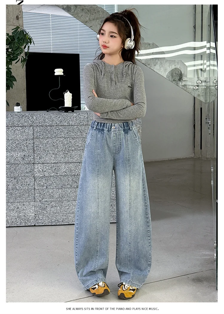 Schmal geschnittene, gebogene Jeans für Teenager-Mädchen, modische, gerade geschnittene Denim-Hosen, Kinder-Frühlingsjeans, Alter 5 bis 14 Jahre – Detail 8