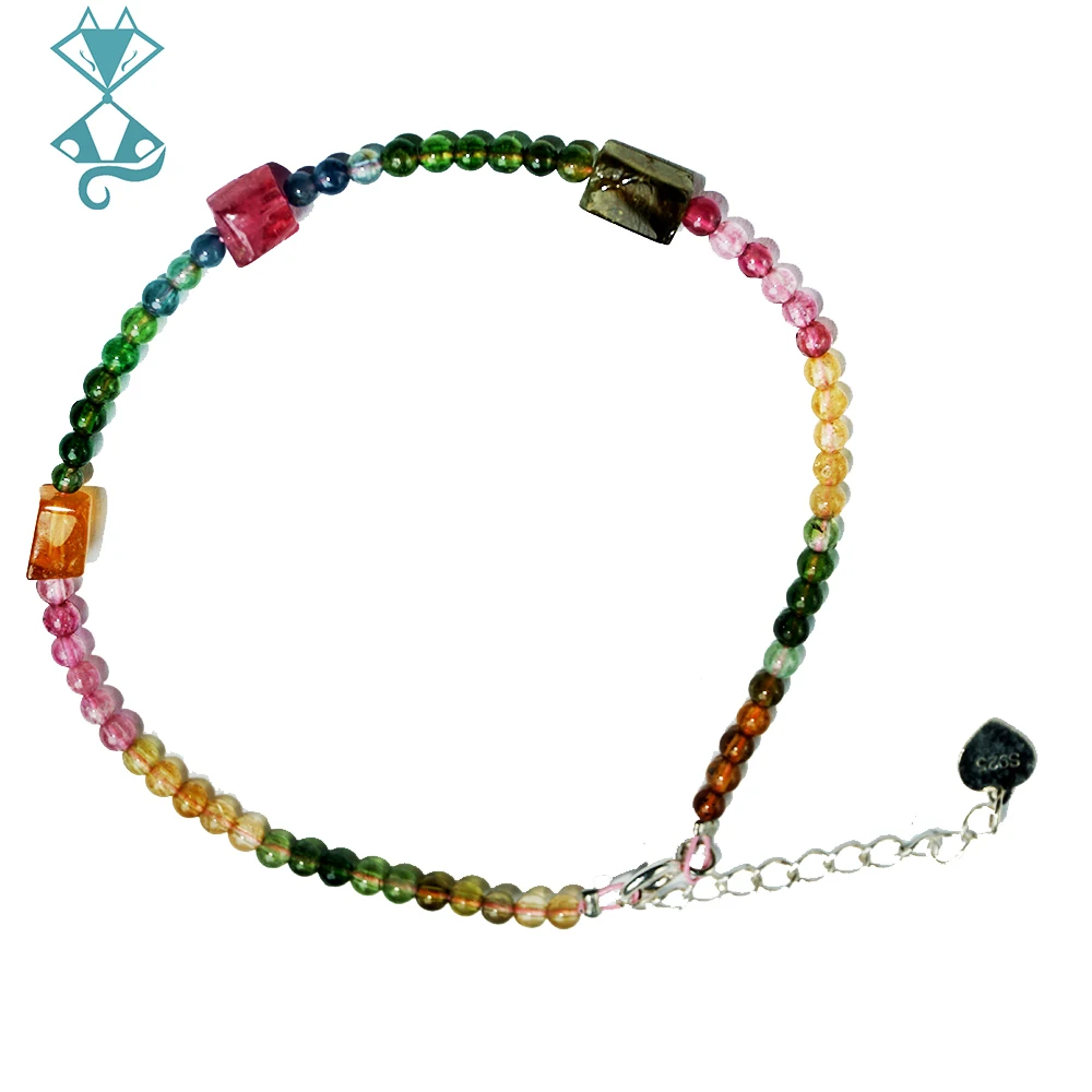 Natural Stone Beads Bracelet for Women Tourmaline Bracelets on Hand Multicolor Beaded Bracelet silver color Jewelry