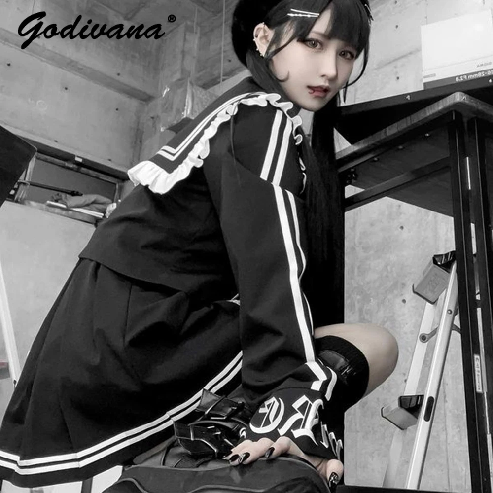 Japanese Mine Black and White Contrast Edge Striped Navy Collar Blazer Short Coat Pleated Skirt with Tie Women Gothic Skirt Suit