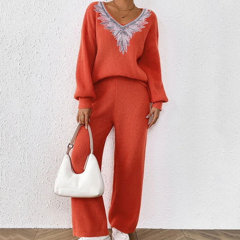 

Turtleneck Embroidery Sweater Set Women's European American Autumn Winter New Loose Casual Lazy Thickened Knitted Trousers Set