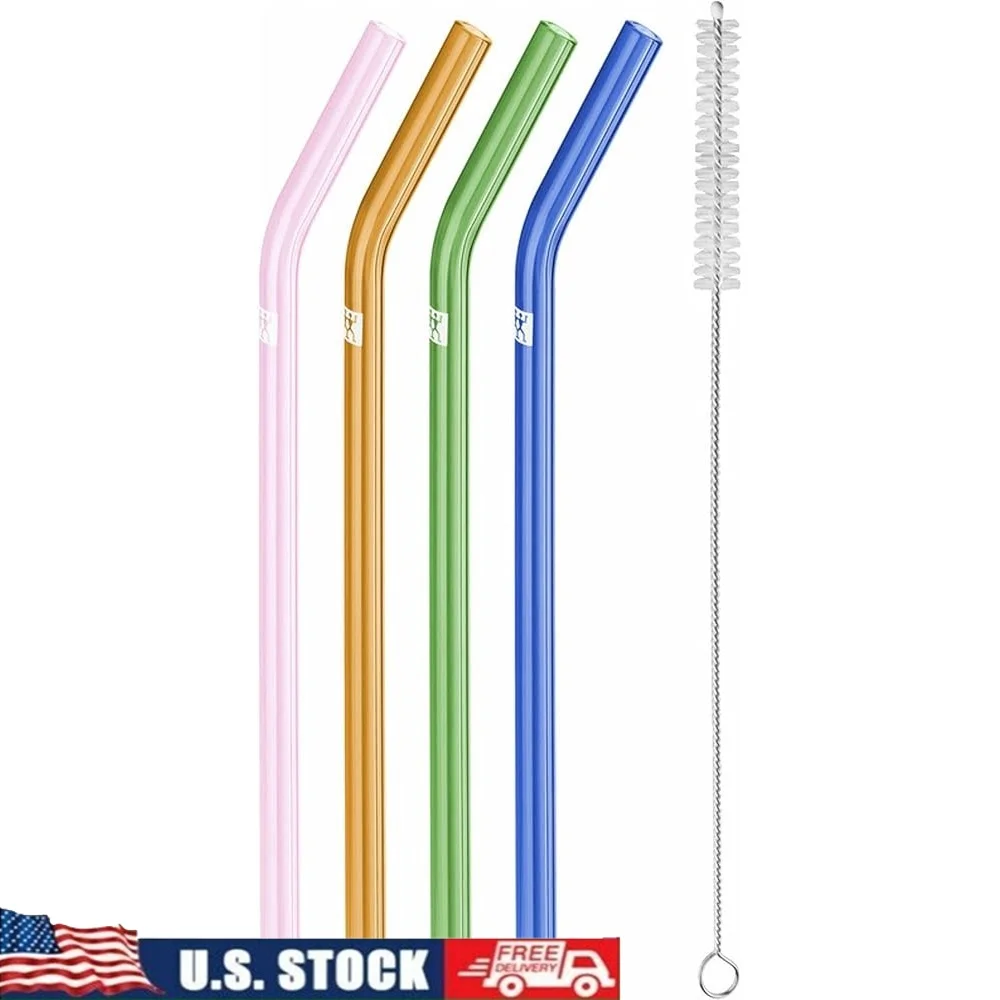 

5-pc Reusable Bent Glass Straw Set Durable Dishwasher Safe Multi Color Drinking Straws with Cleaning Brush Hot Cold Beverages