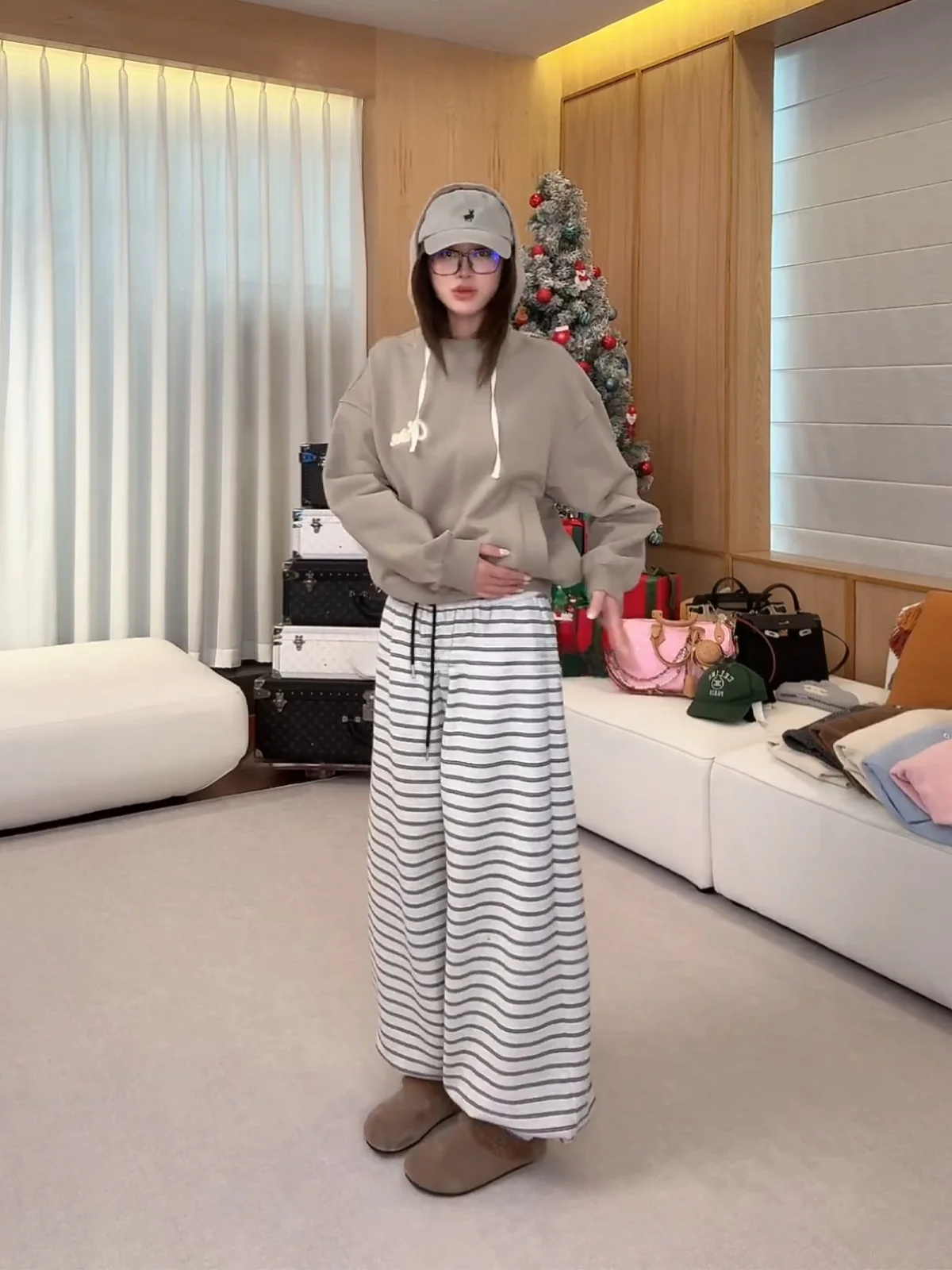 

Женские повседневные брюки Thiened Fce Stripe с высокой талией и шнурком, термостойкие, из смесового полиэстера и хлопка, весенние S...