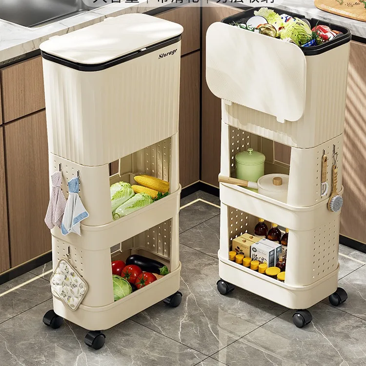 Kitchen trash can, household large capacity sliding cover, movable double-layer high design, bending free Japanese style storage