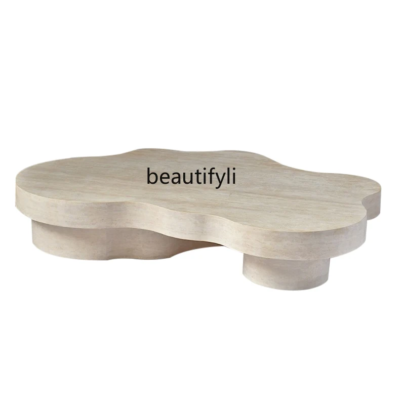 Wabi-sabi style natural Roman travertine opposite sex coffee table light luxury villa living room creative simple coffee table
