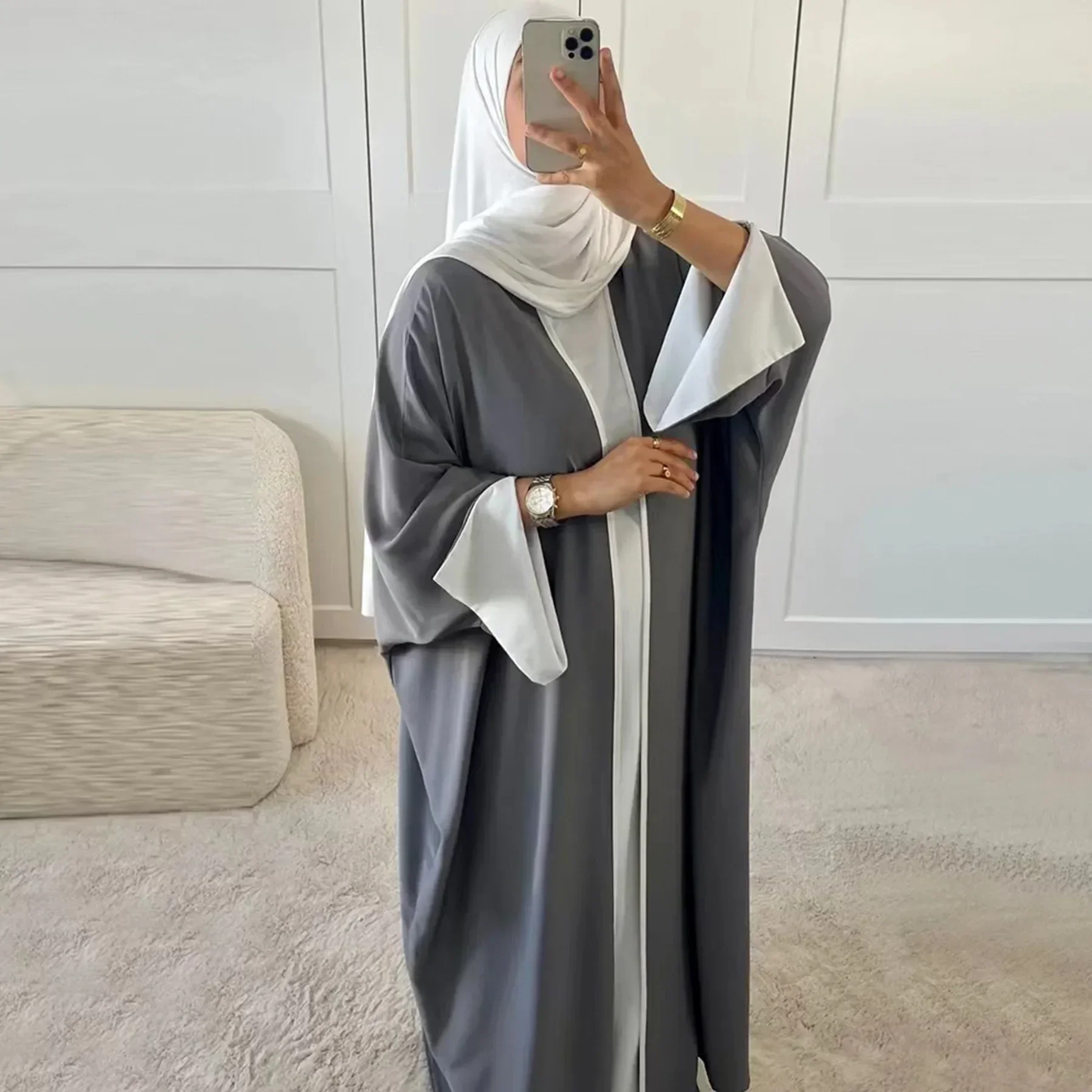 عباية باتوينغ المفتوحة كيمونو دبي سترة فاخرة عبايات حافة بيضاء إسلامية للنساء فستان حجاب تركي قفطان ملابس إسلامية