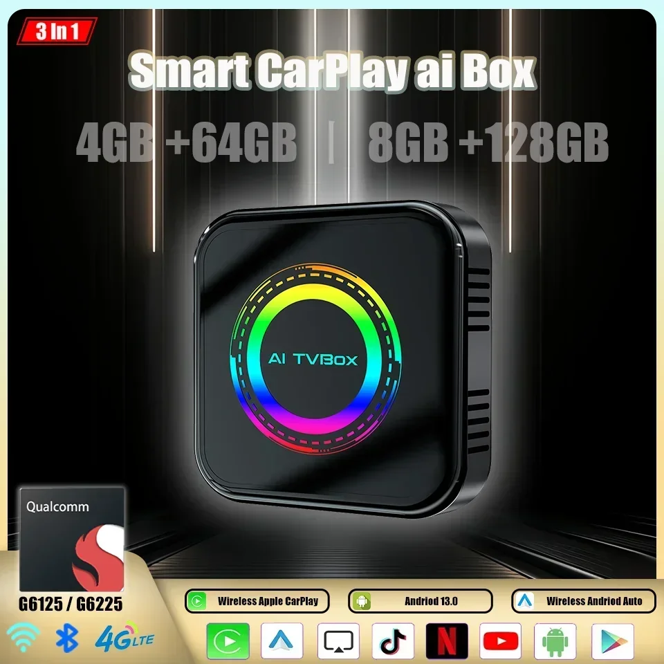 

New Android 13 Ai Box QCM 8 Core 64G 128G Android Auto & Apple CarPlay 3In1 Car Smart Led Multimedia Box SIM 4G LTE Plug & Play