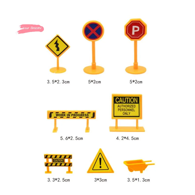 8Pcs Miniature Dollhouse City Engineering Road Sign Yellow Traffic Model Simulation Ornament Doll House Accessories