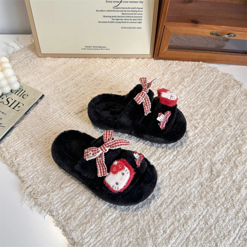 أطفال النعال أحذية منزلية الكرتون مرحبا كيتي المفتوحة تو أحذية الشتاء للفتيات الدافئة المضادة للانزلاق الدافئة البيج حذاء أسود حجم 26-37 #5