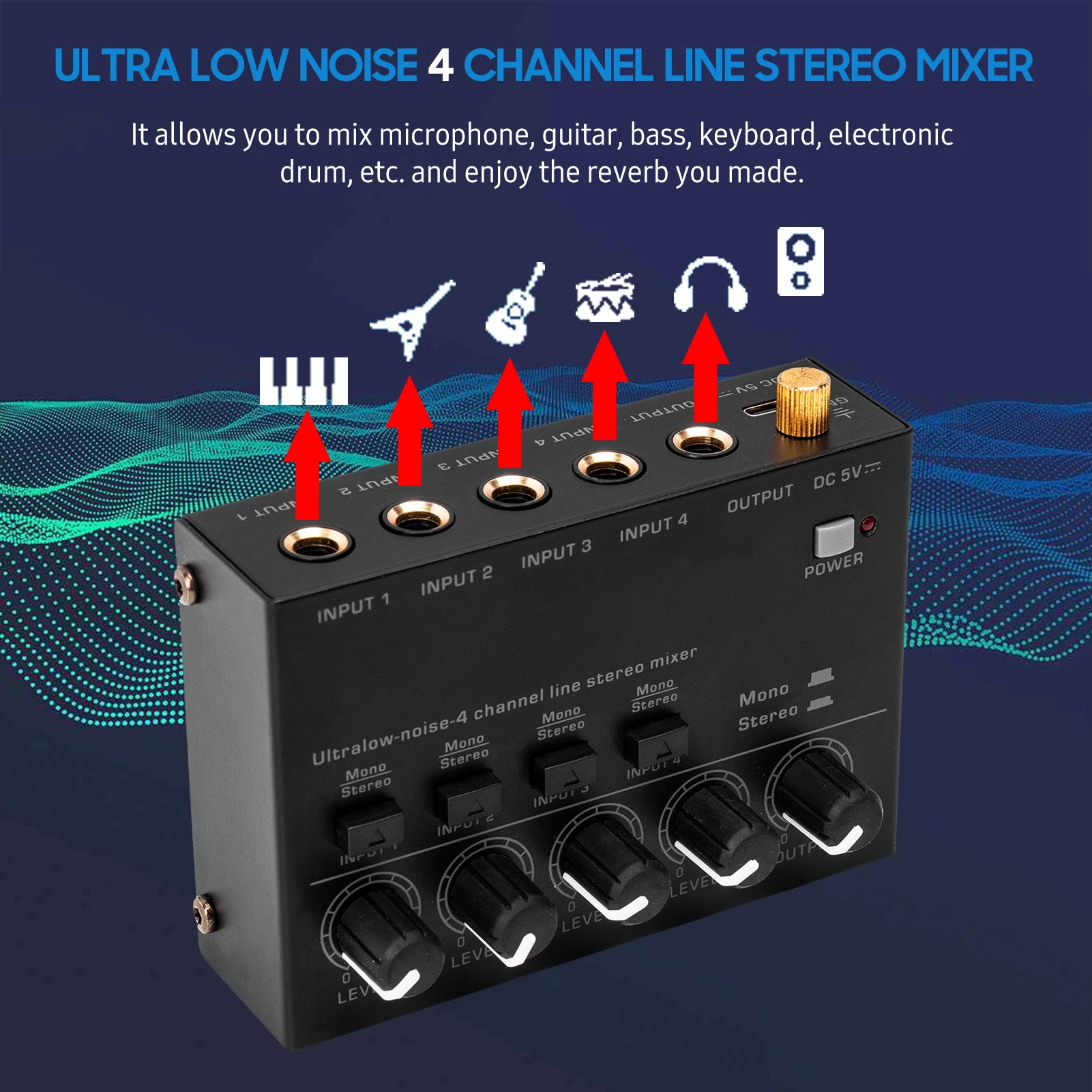 Ultra Low Noise 4 Channel Line Stereo Mixer 4 Input 1 Output DC 5V Portable Audio Mixer Microphone Guitar Bass Keyboard Mixers