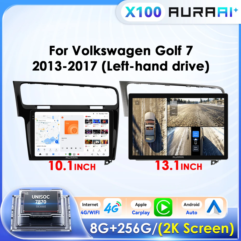 AURAAI X100 2K Android autoradio multimédia pour VW Golf 7 2013-2017 lecteur voiture 7870 stéréo intelligente CarPlay ADAS 360 caméra prend en charge 3 écrans divisés Octa Core 2.7GHz