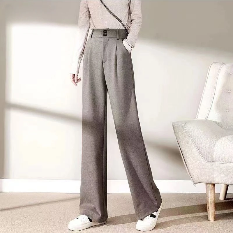 Women\'s Korean High-waisted Wide-legged Pants New Loose Straight Pants Fall Double-button Casual Suit Pants Female