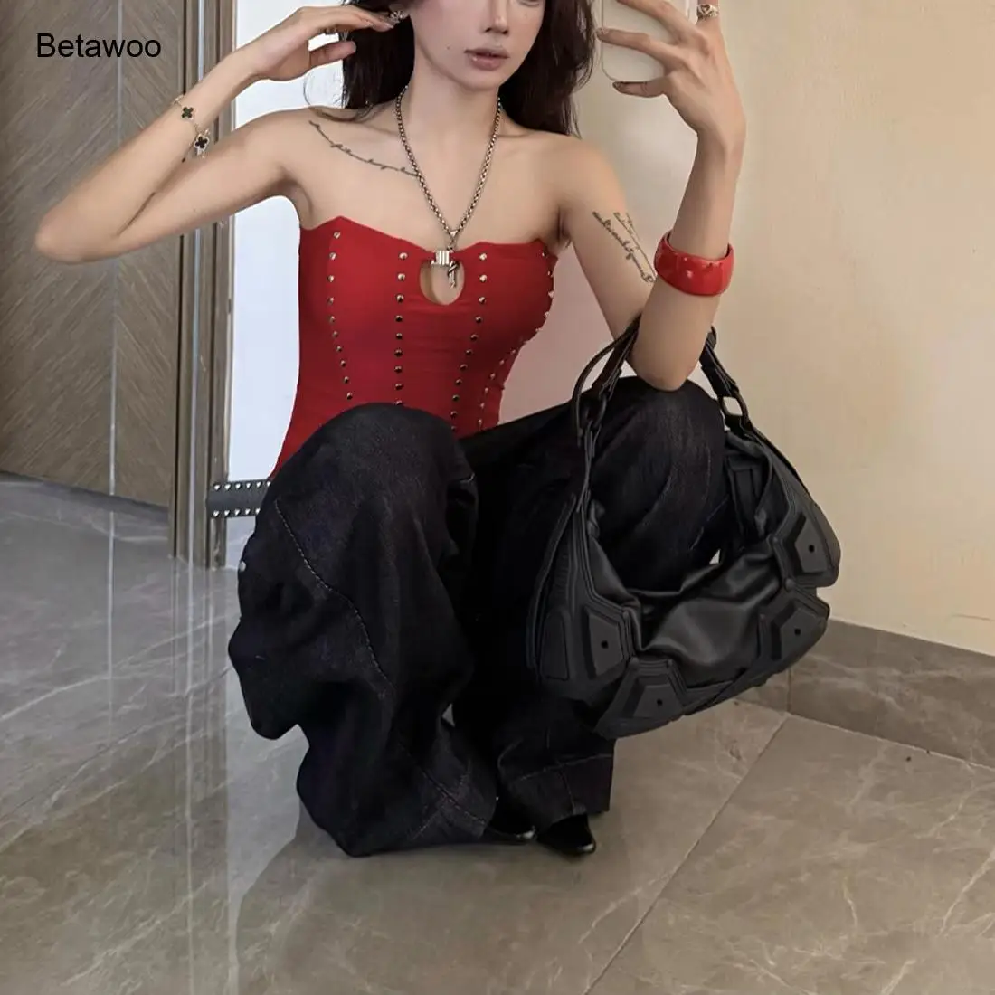 Womens Red Studded Bustier Top Strapless Corset with Keyhole Neckline for Casual and Edgy Streetwear