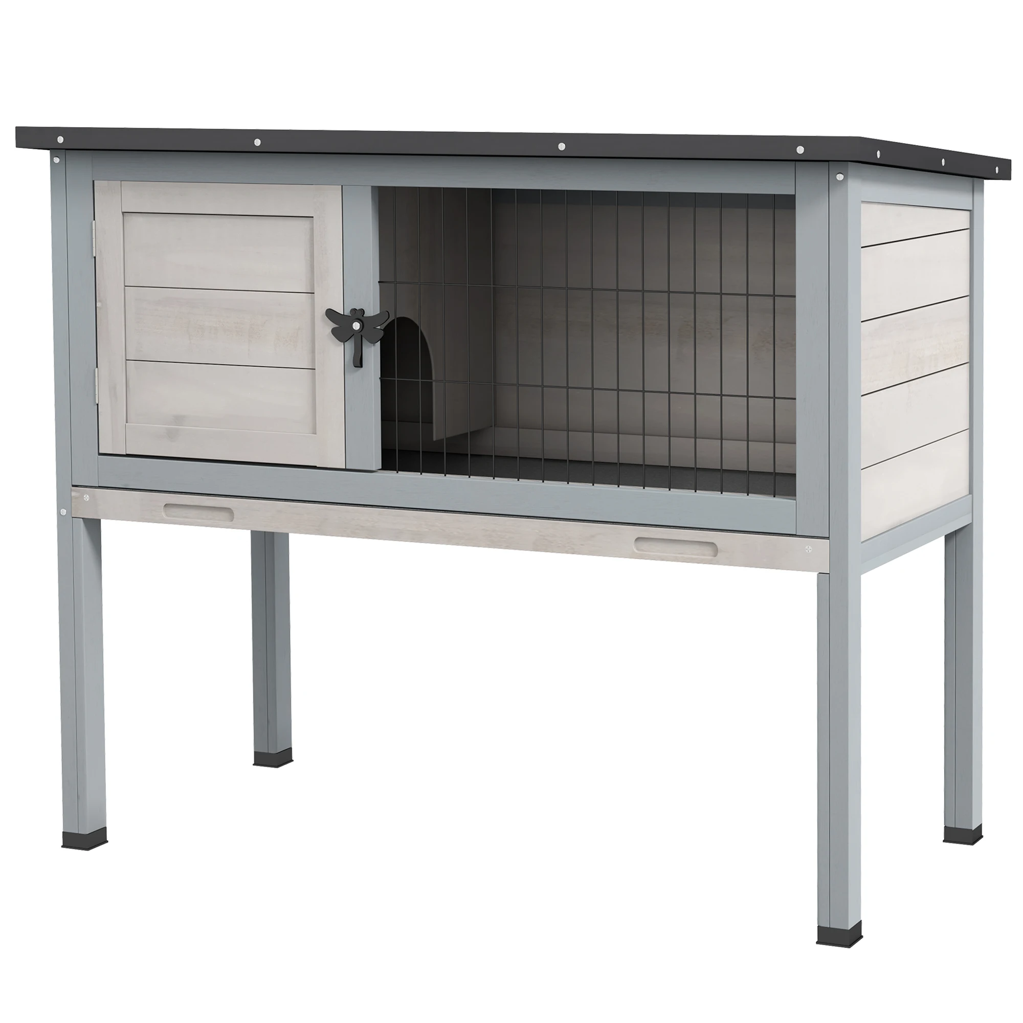 

Elevated Wooden Rabbit Hutch, Indoor/Outdoor Bunny Cage with Hinged Asphalt Roof and Removable Tray for Guinea Pig, Gray