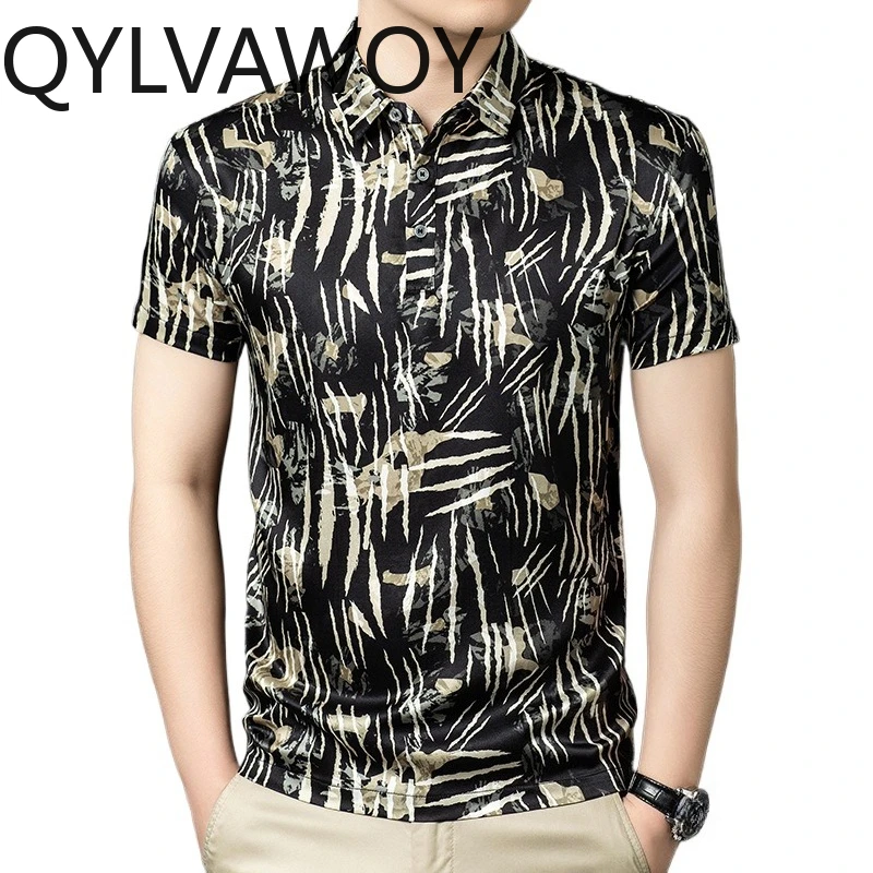 QYLVAWOY 92.5% Mulberry Silk Printed Polo Shirt Short Sleeve Summer Tops T Shirts for Man Lapel Men's Polo Shirts Heavyweight