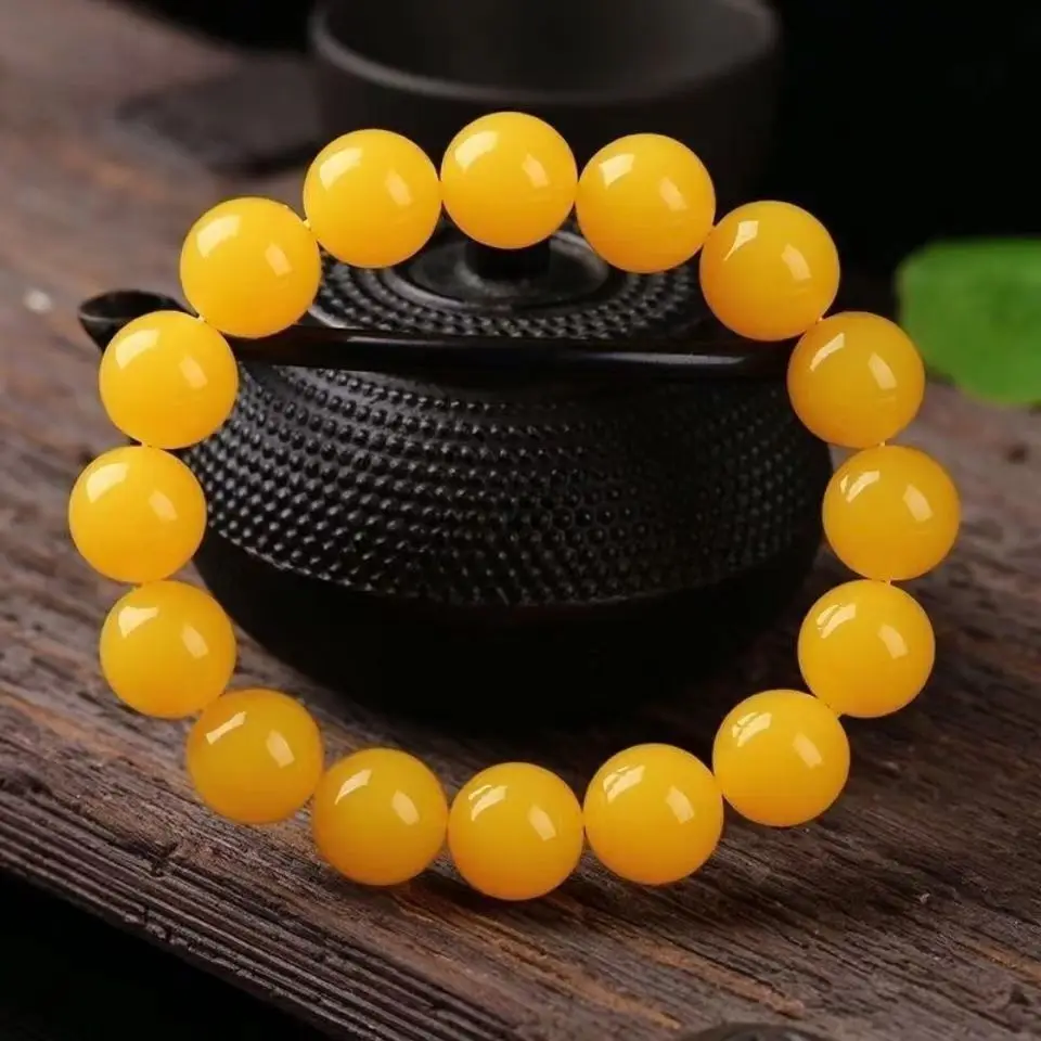 Natural Brazil Yellow Agate Jade Round Bead Single Loop Bracelet, Simple and Versatile Popular Bracelet for Men and Women ﻿