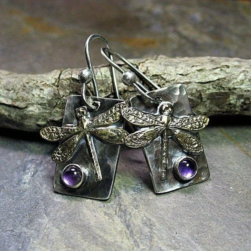 Amethyst Drop Earrings Boho Dragonfly Dangle Earrings For Women Unique Artisan Handmade Jewelry