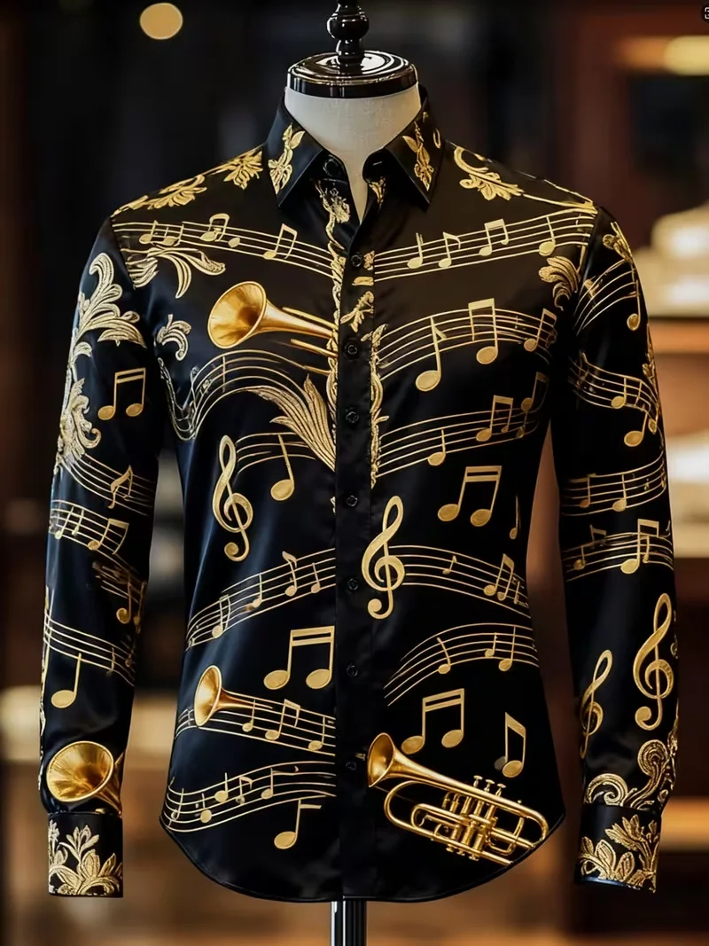 New Men's White Rose Pattern 3D Printed Shirt with High-Quality Notes, Casual Long-Sleeved Shirt, Lapel Top